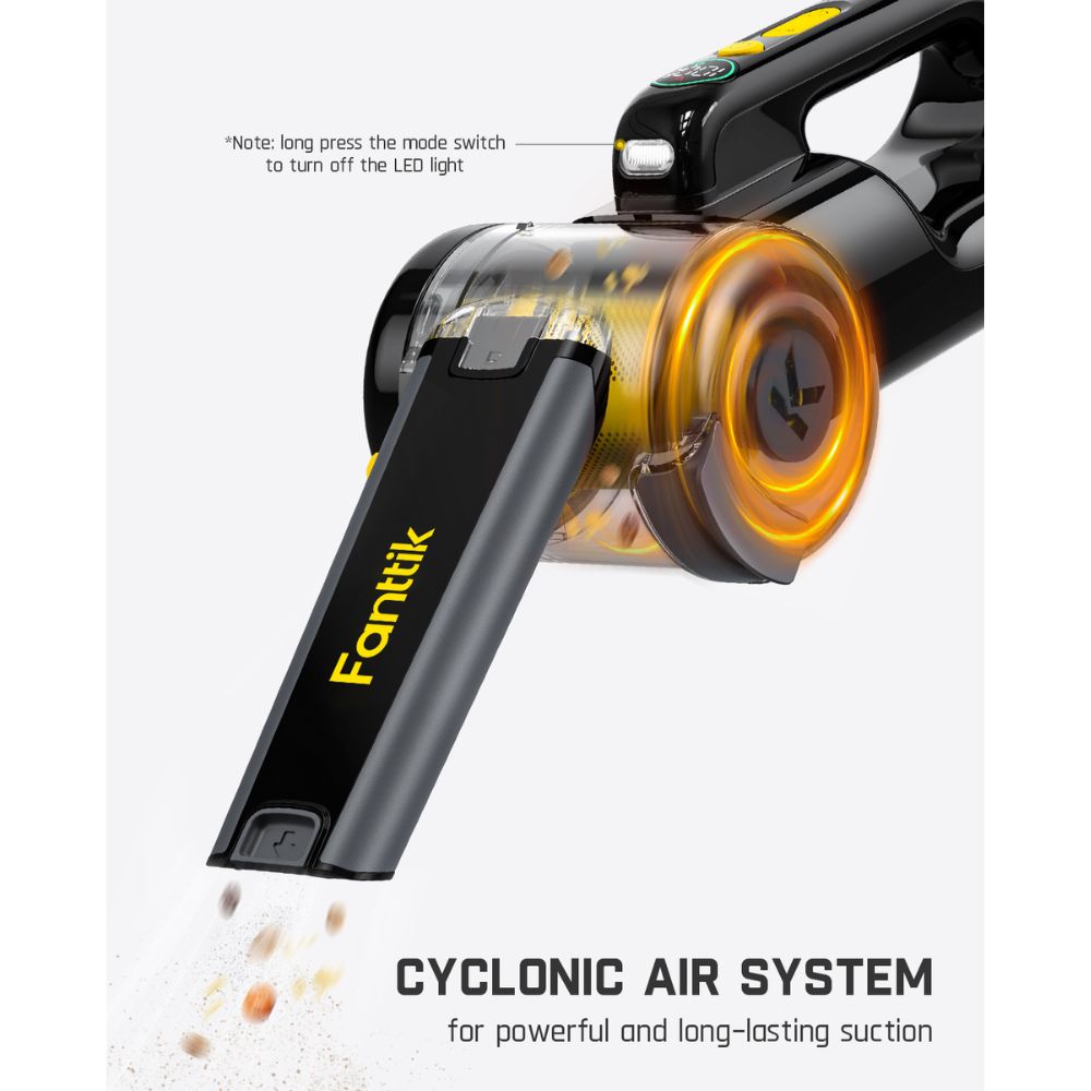 Fanttik V10 Apex Foldable Car Vacuum with powerful cyclonic air system, shown removing debris. Note: long press the mode switch to turn off the LED light