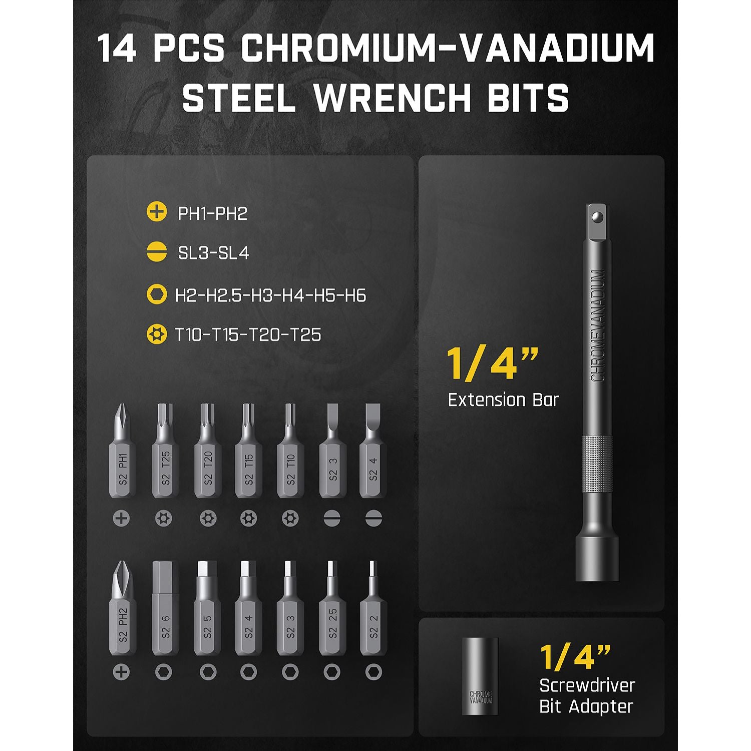 This mini torque wrench contains every tool needed to escape mechanical emergencies, equipped with aerospace-grade torque body and 14 bits (Slotted/Hex/Phillips/Torx) PLUS tire levers and tire patches. Corrosion-proof aluminum meets hardened steel that laughs at stripped bolts