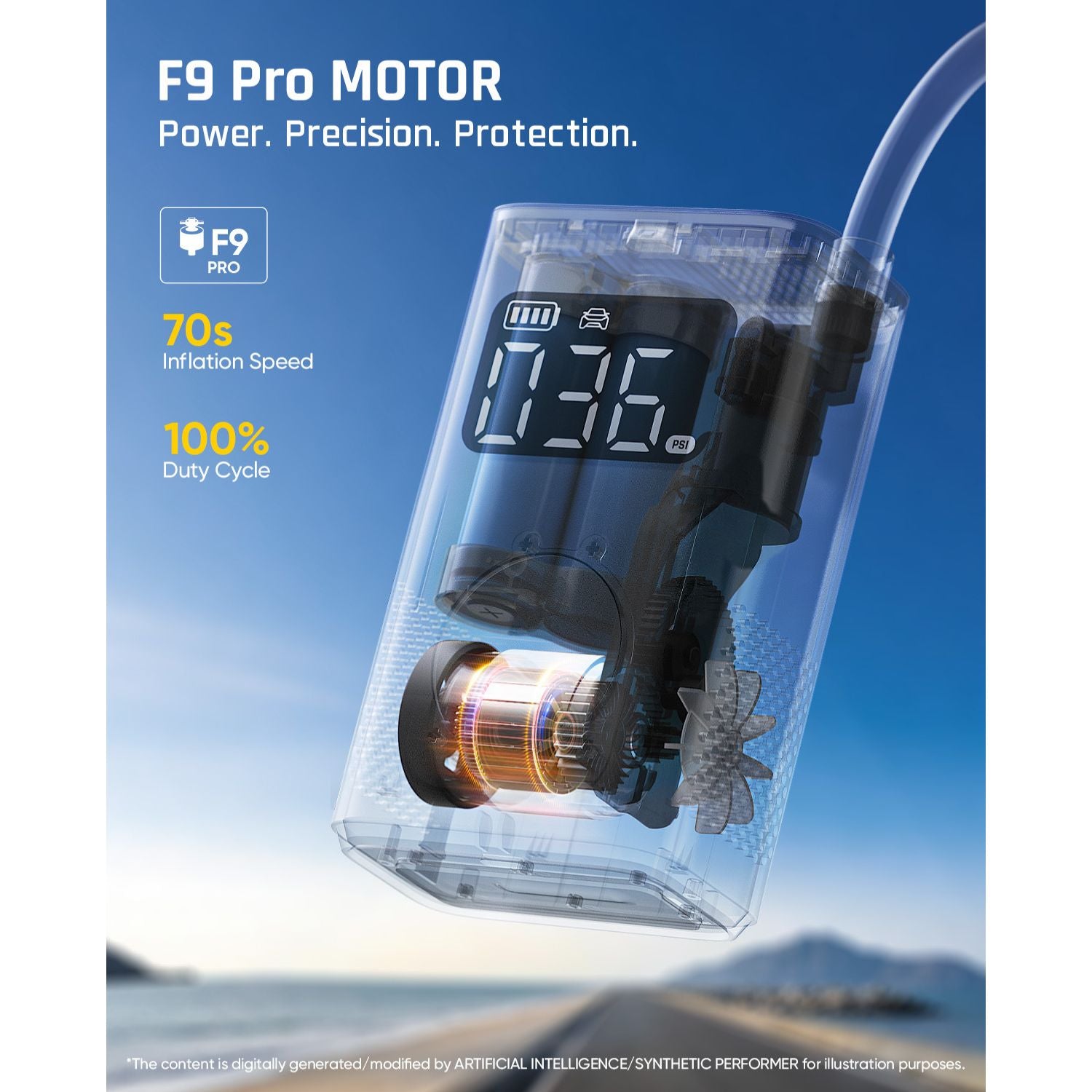 F9 Pro F9 Pro Motor underwater pump and strainer kit in a transparent cylindrical housing with a digital LED display, shown against a blue sky and water background with promotional text.