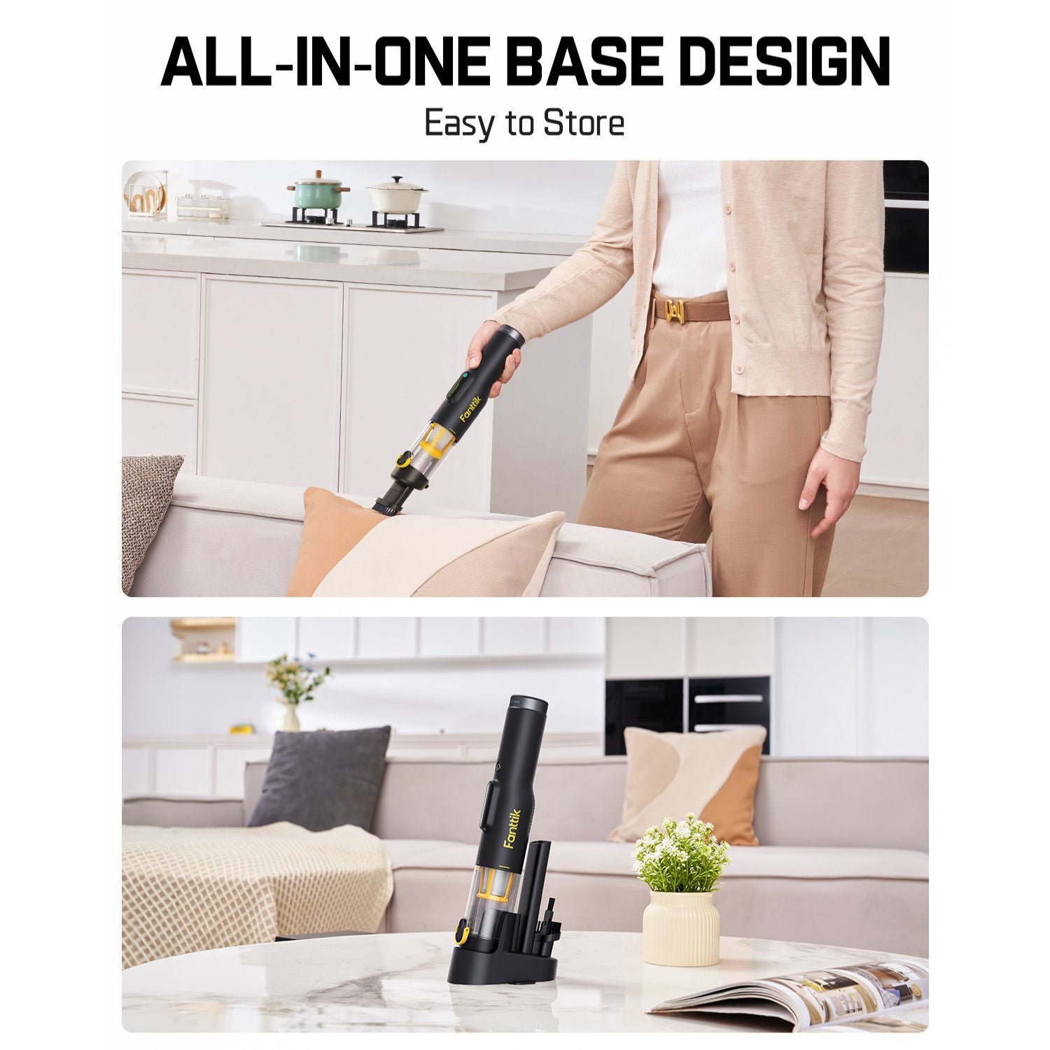 Fanttik Slim V10 Lite Cordless Handheld Vacuum, 0.98lb Lightweight with All-in-One Base Design, 12000Pa Suction & Smart LED Light, Portable Mini Vacuum Cleaner for Kitchen Table, Sofa, Car