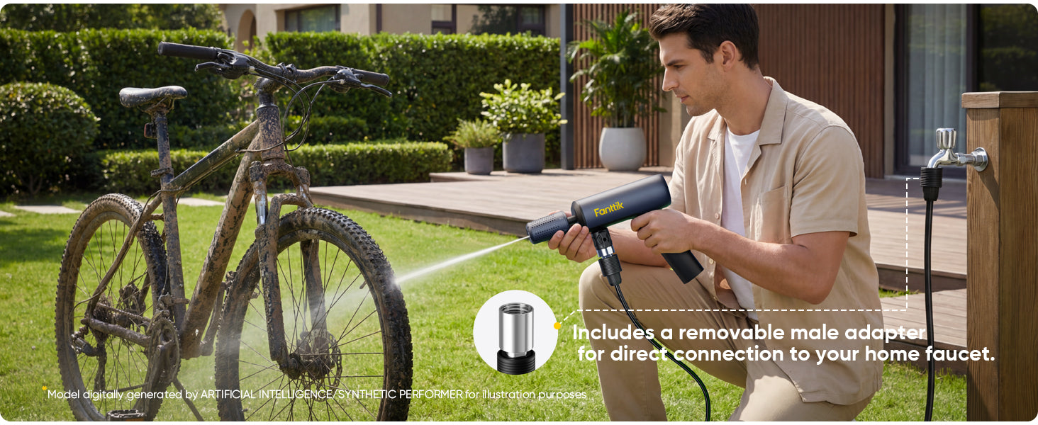 Man using a pressure washer to clean a bicycle outdoors.