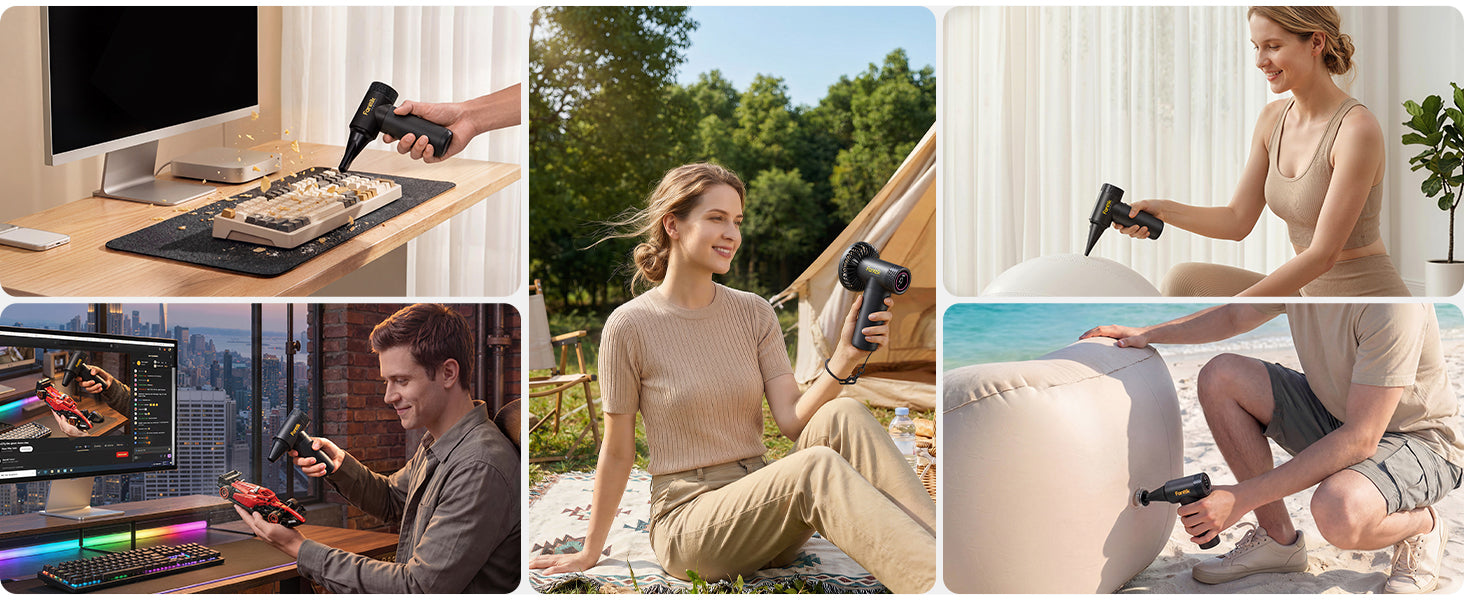 Collage of a woman using aB11 Mix Pro 2-in-1 Electric Air Duster outdoors, a man using a B11 Mix Pro 2-in-1 Electric Air Duster indoors, and a computer screen displaying a product.