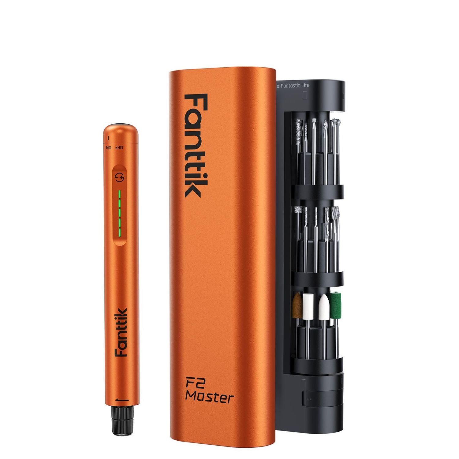 A Fanttik F2 Master Cordless Rotary Tool shown on a clean white background, including a orange rotary pen and a orange cylindrical storage case, and a side-mounted holder with multiple accessories.