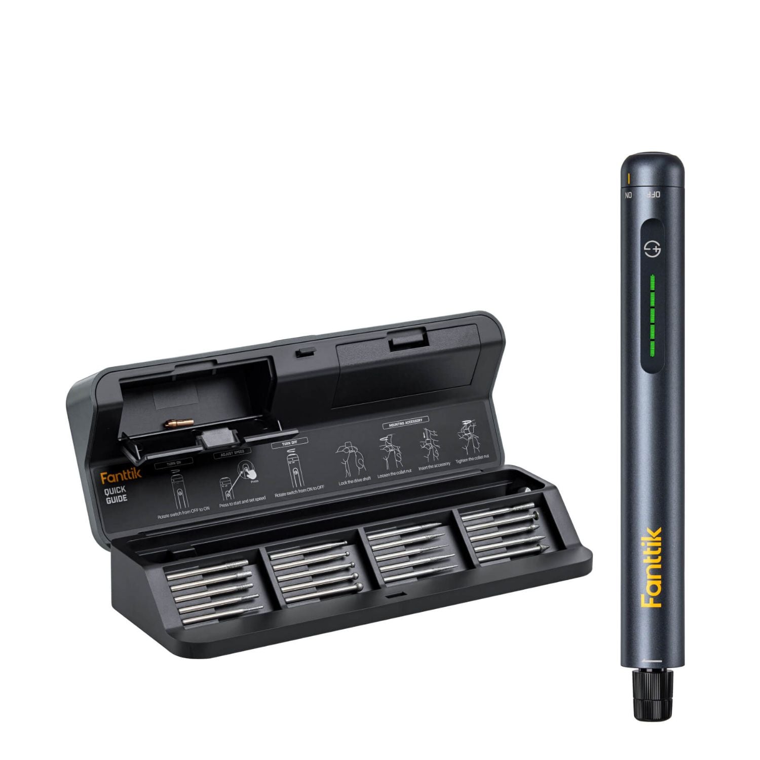 The image shows a black handheld rotary tool set with a green LED indicator, next to an open black storage case against a pure white background. The inner lid of the storage case contains various accessories and usage illustrations.