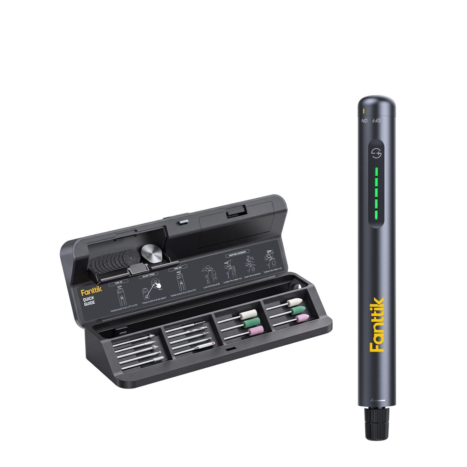 A portable rotary tool kit by Fanttik, featuring a black handheld drill pen standing vertically on the right, and its open black storage case on the left containing multiple drill bits and small colored sanding tool. The case has white printed instructions and diagrams inside.