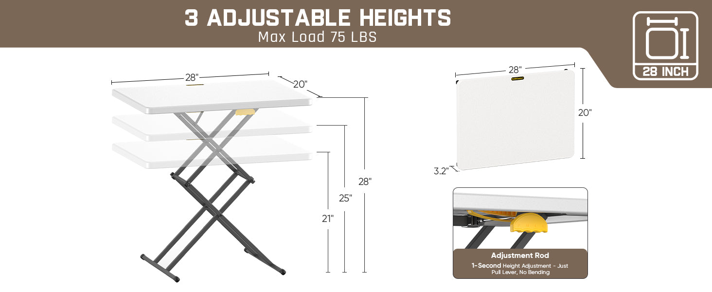 FanttikOutdoor 28 inch Small Folding Table, One-Handed Height Adjustment, 3 Heights, Lowering Lever, Instalift, Portable Side Table for Tv Tray, Desk, Kitchen, No Assembly, Granite White Zeta X1 Apex