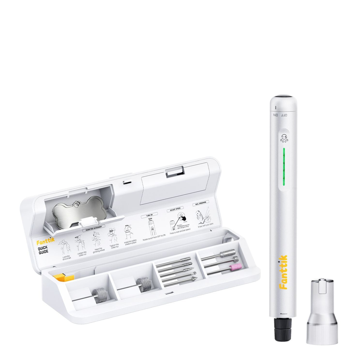 A white F2 Master Pet Dog Nail Grinder set shown on a clean white background, including an open storage case with multiple interchangeable bits, a standing pen-style tool, and a separate metal attachment. The brand name Fanttik is visible on the tool and case.