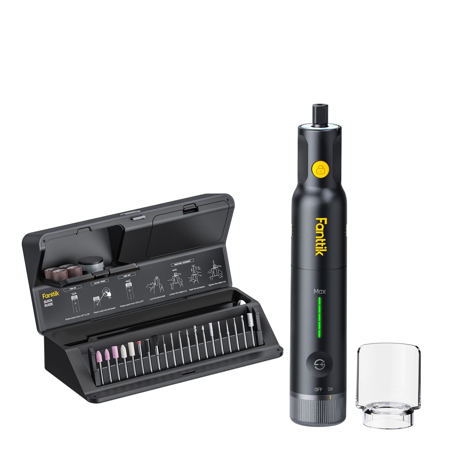 The image shows the black F2 Pro Kit cordless rotary tool. Inside its open black storage box are several spinner attachments and a transparent glass protective cover against a pure white background.