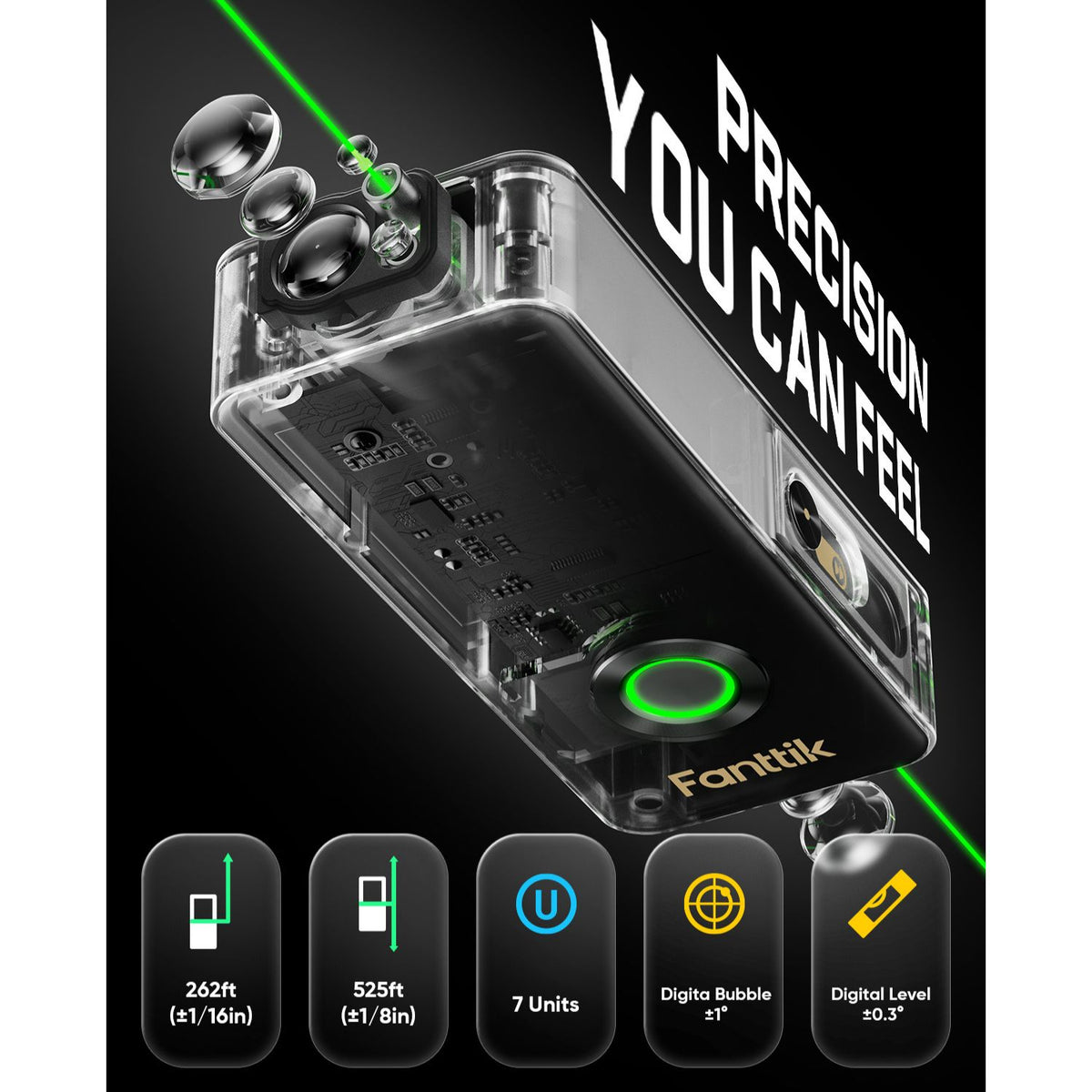 Fanttik A11 Ultra X laser measuring tool internal structure, high precision green laser distance meter, digital bubble level, 7 measurement units