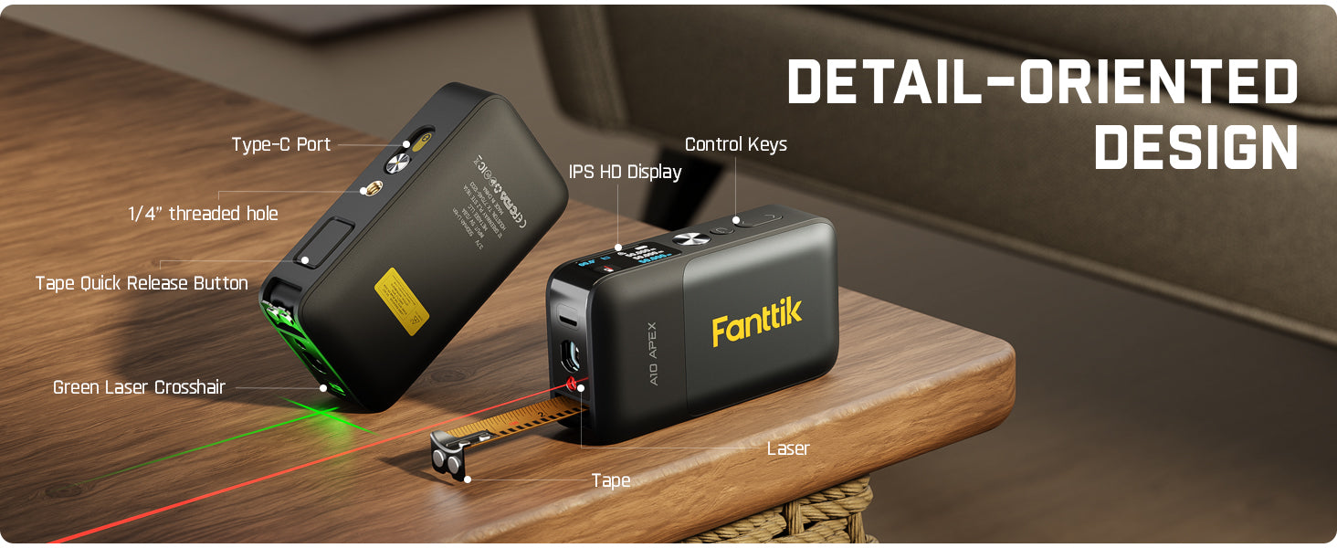 Fanttik A10 Apex 3-in-1 Digital Laser Tape Measure with HD Color Display, 165Ft Rechargeable Laser Measurement & 32Ft Green Cross Line Laser & 9.8Ft Tape, 6 Units, for Distance/Area/Volume/Leveling