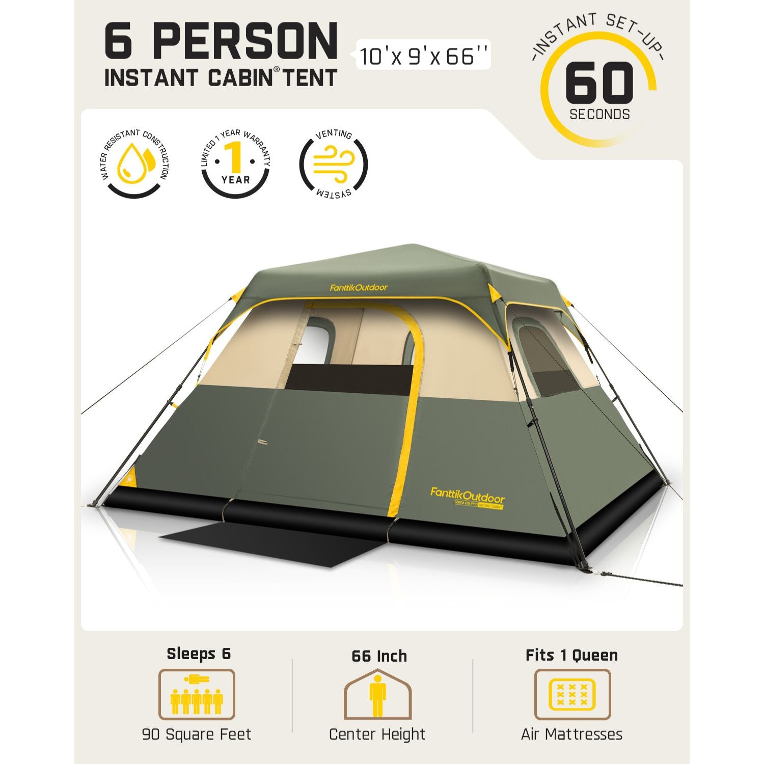 FanttikOutdoor Zeta C6 Pro Camping Tent 6 Person Instant Cabin Tent Setup in 60 Seconds with Rainfly & Windproof Portable Tent with Carry Bag for Family Camping & Hiking