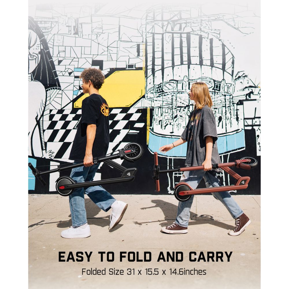 Teenagers carrying folded FanttikRide T9 Electric Scooters past a graffiti wall. Text reads 'Easy to fold and carry, folded size 31 x 15.5 x 14.6 inches.'