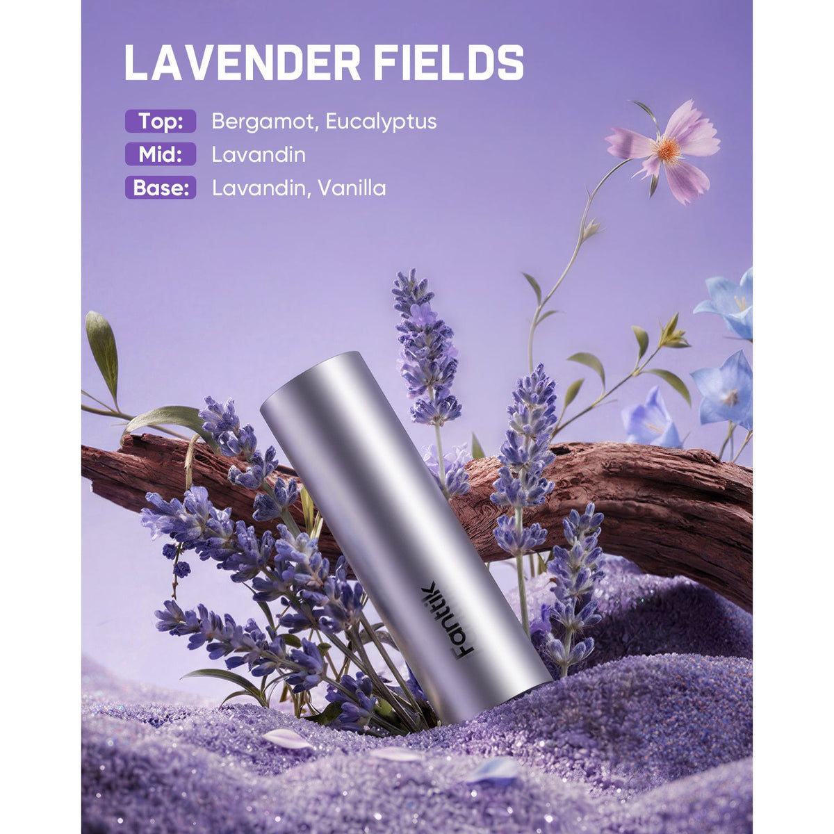 A silver cylindrical perfume bottle labeled 'fanqiu' lies on lavender flowers and purple sand, with a lavender field background and text listing scent notes: Bergamot, Eucalyptus, Lavandin, and Vanilla.