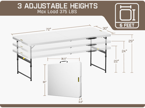 FanttikOutdoor 6ft Portable Folding Table, 3 Heights, One-Handed Height Adjustment, Gravity Lock, Carry Handle, Indoor Outdoor Heavy Duty Fold-in-Half Utility Table, Party, Granite White Zeta X6 Pro