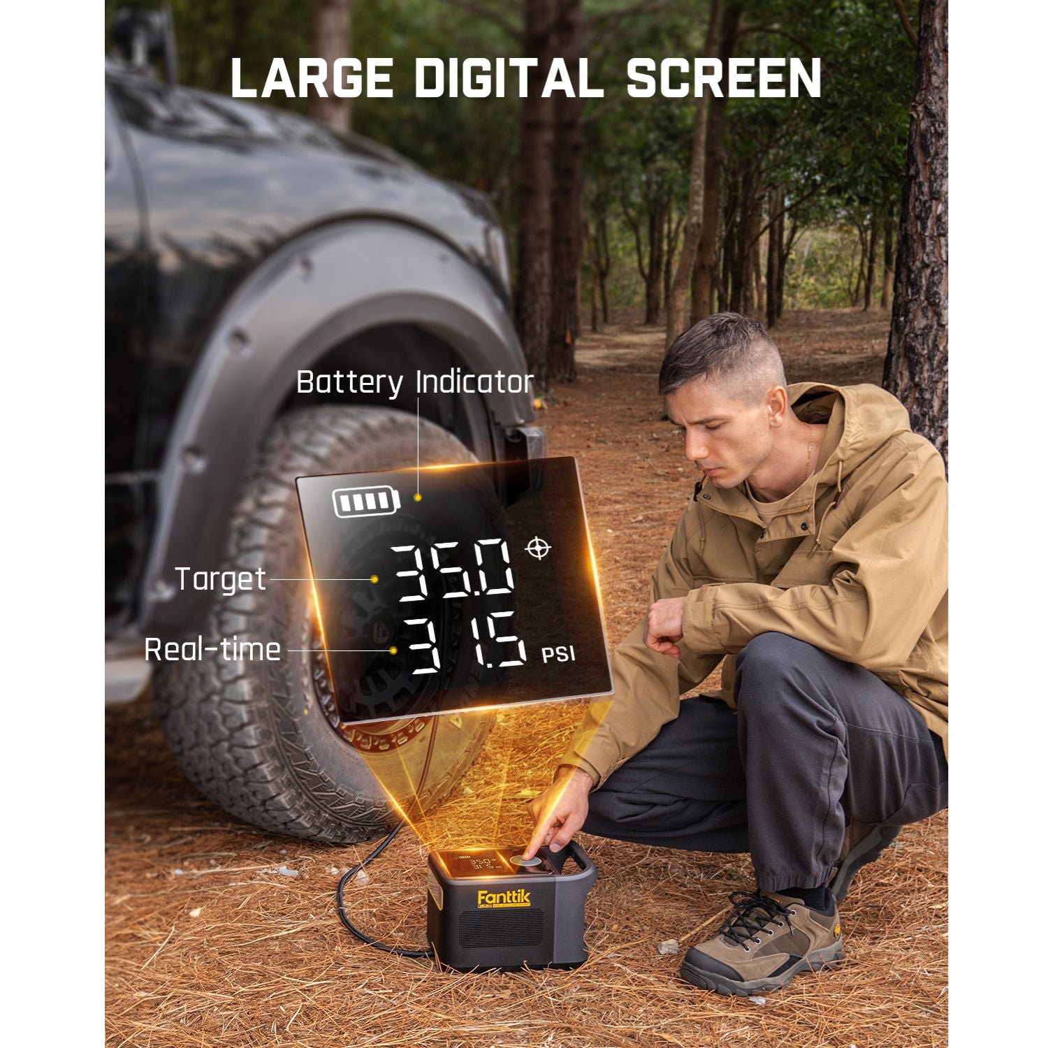 Individual operating Fanttik X9 Ultra tire inflator with large digital screen showing battery indicator, target and real-time pressure in PSI in an outdoor forest setting