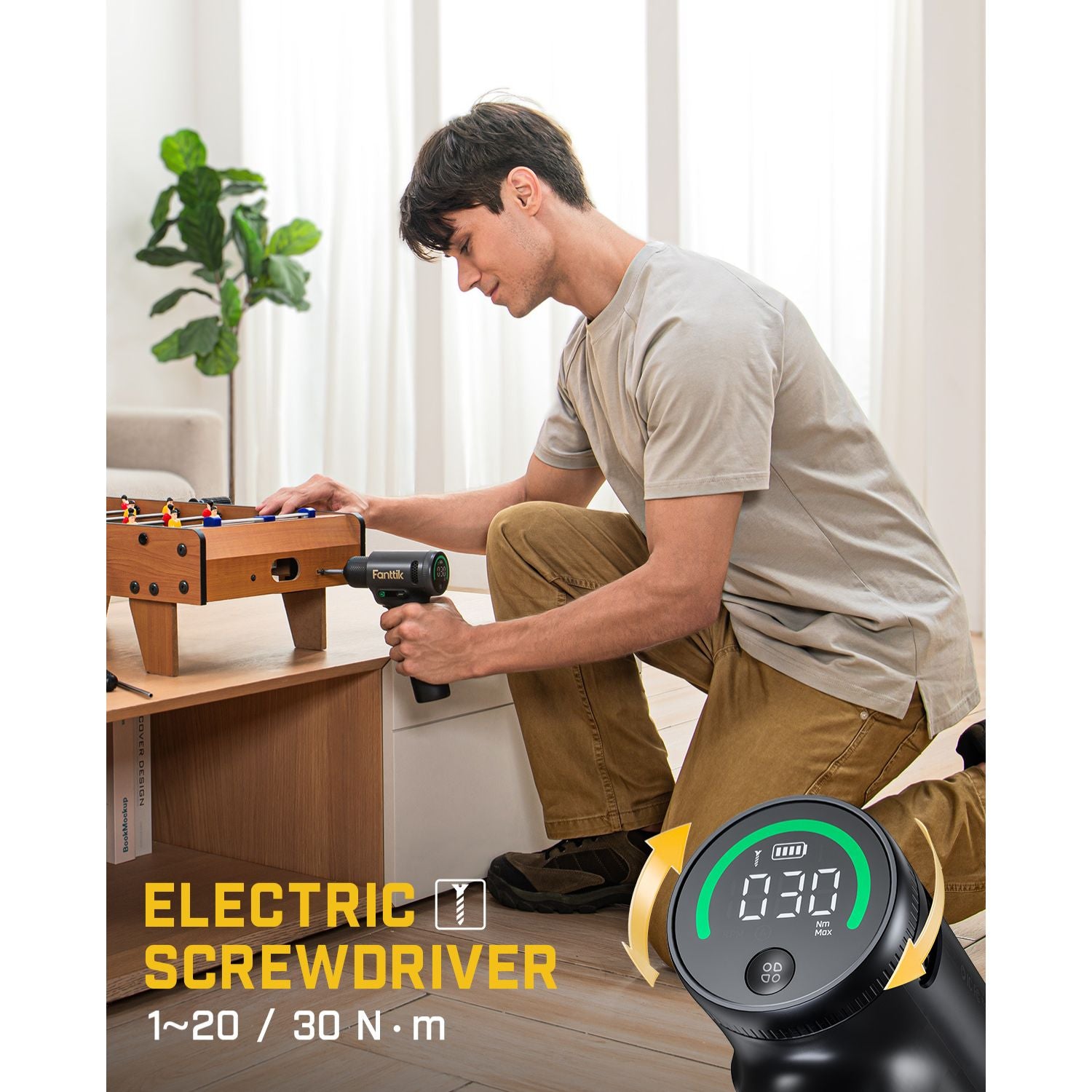 Fanttik K2 Ultra 7.4V cordless power drill with digital display assembling foosball table, 30 N.m torque.