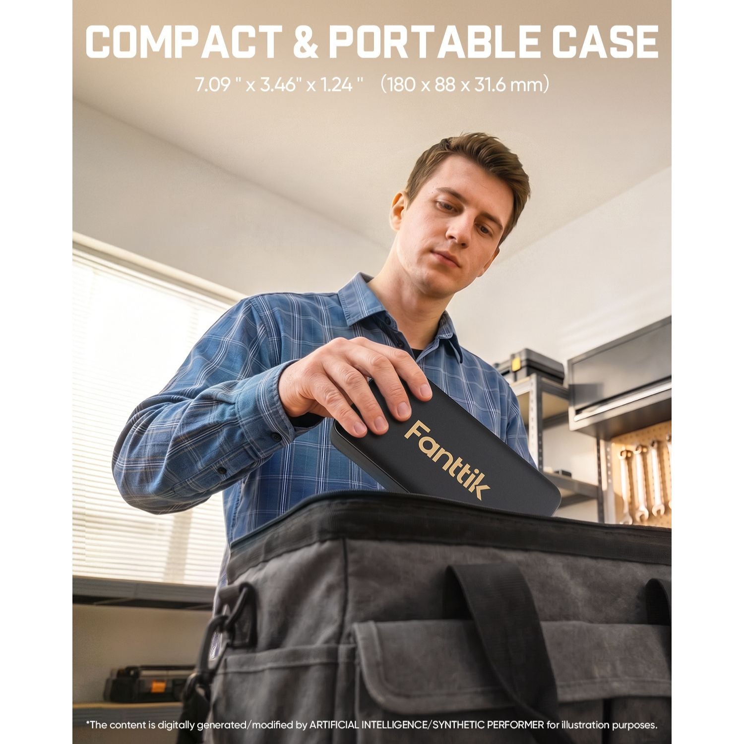 A man holds a black Fanttik Rotary Tool Accessory Kitcase over a larger black bag in an indoor room. White text at the top reads 'COMPACT & PORTABLE CASE' with dimensions below, and a small disclaimer appears at the bottom.