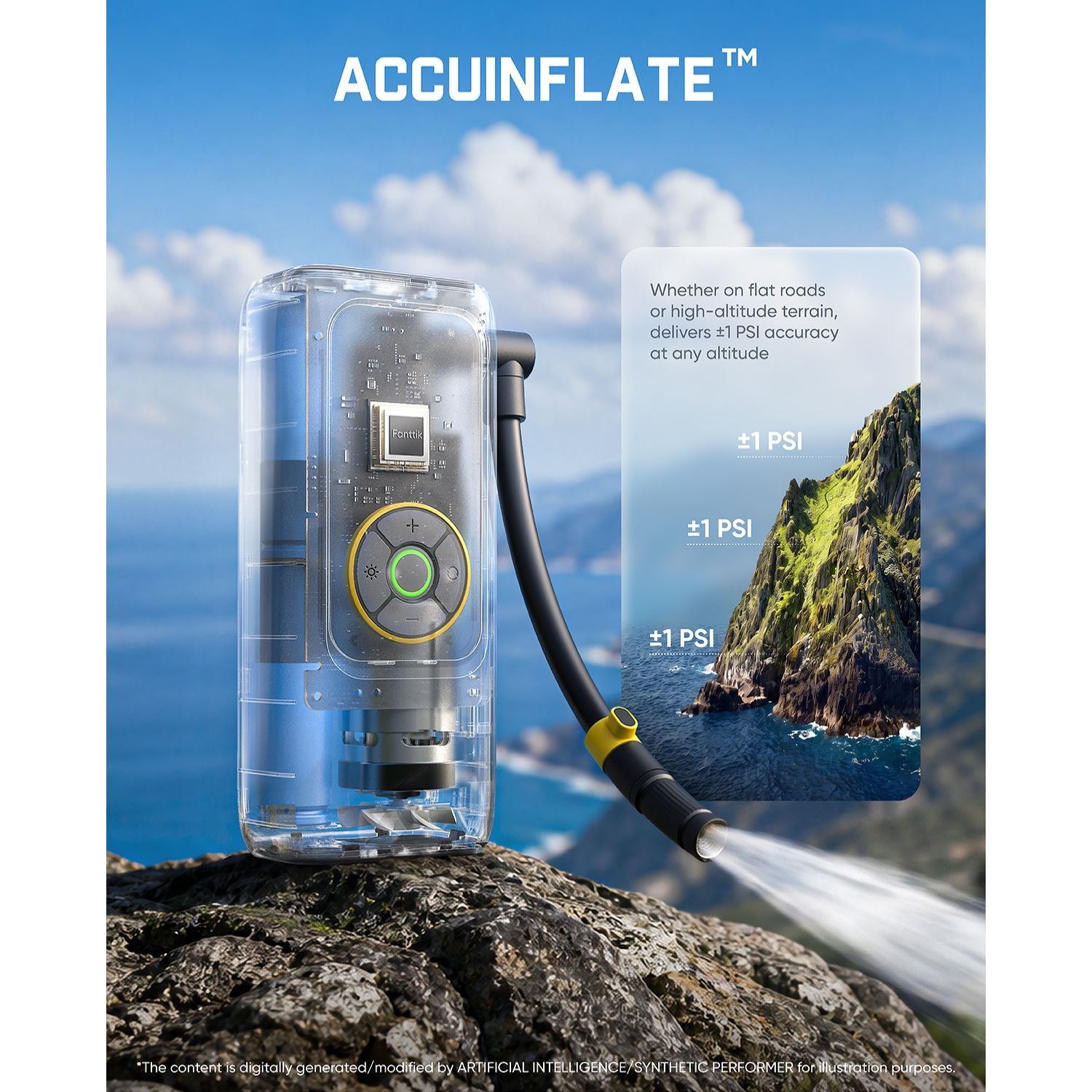 tire inflator with attached black tube and yellow valve, shown on a rock with a blue sky and ocean background. A text panel highlights ±1 PSI accuracy, and the word ACCUINFLATE appears at the top.