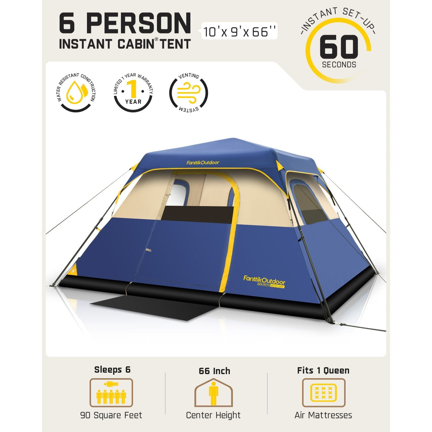FanttikOutdoor Zeta C6 Pro Camping Tent 6 Person Instant Cabin Tent Setup in 60 Seconds with Rainfly & Windproof Portable Tent with Carry Bag for Family Camping & Hiking