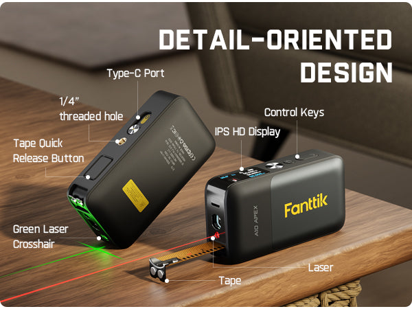 Fanttik A10 Apex 3-in-1 Digital Laser Tape Measure with HD Color Display, 165Ft Rechargeable Laser Measurement & 32Ft Green Cross Line Laser & 9.8Ft Tape, 6 Units, for Distance/Area/Volume/Leveling