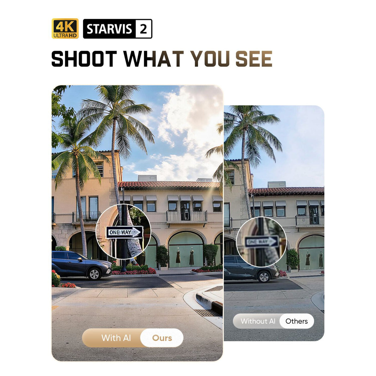 The split-screen display shows a comparison of real-world footage with and without AI functionality.