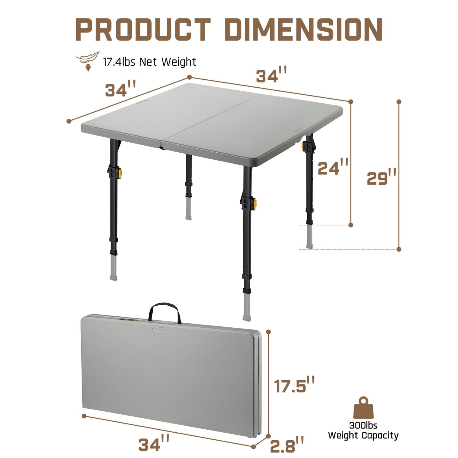 FanttikOutdoor 34" Square Folding Card Table, Two Heights Adjustable, Max Load 300 lbs, Portable Table with Lock Button, for Indoor/Outdoor, Home, Parties, Picnics, Puzzle