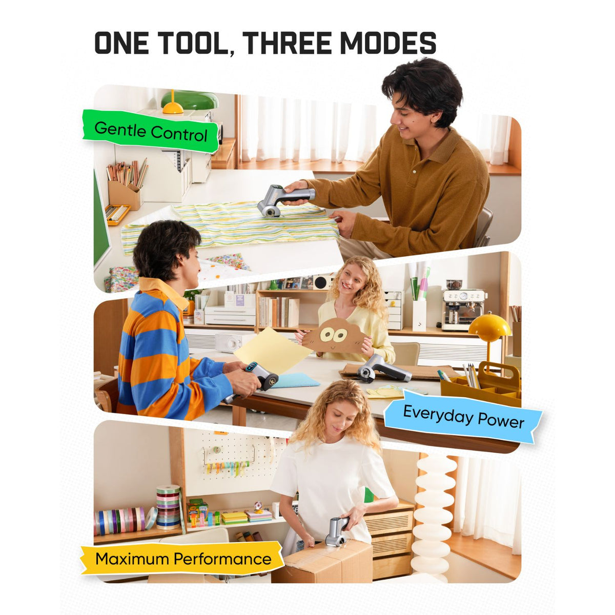 Fanttik C11 Ultra electric cardboard cutter multi-scene usage, three power modes for gentle fabric cutting, daily craft, heavy cardboard cutting, DIY creator tool