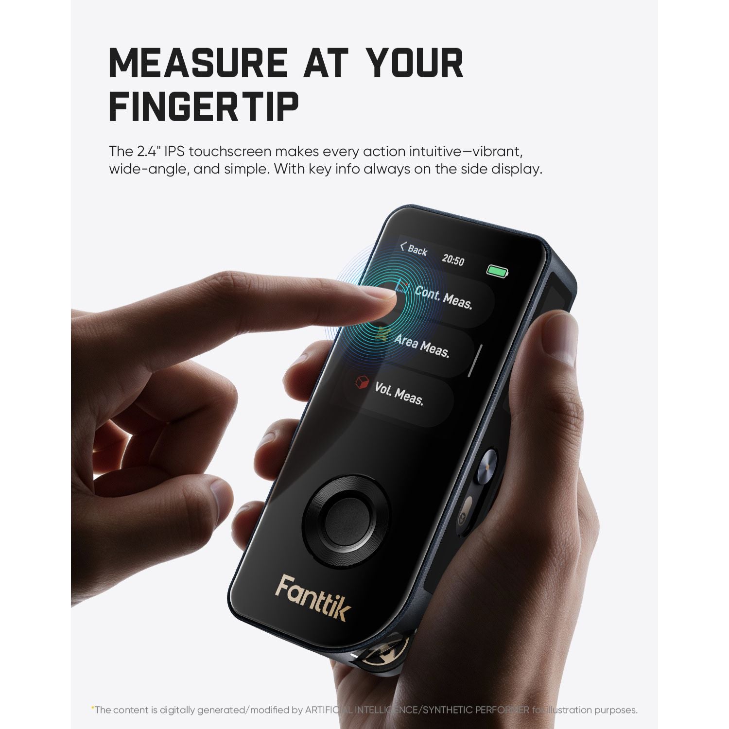 Hand holding a black Laser Measuring Tool with a touchscreen interface, featuring the brand 'Fanttik'.