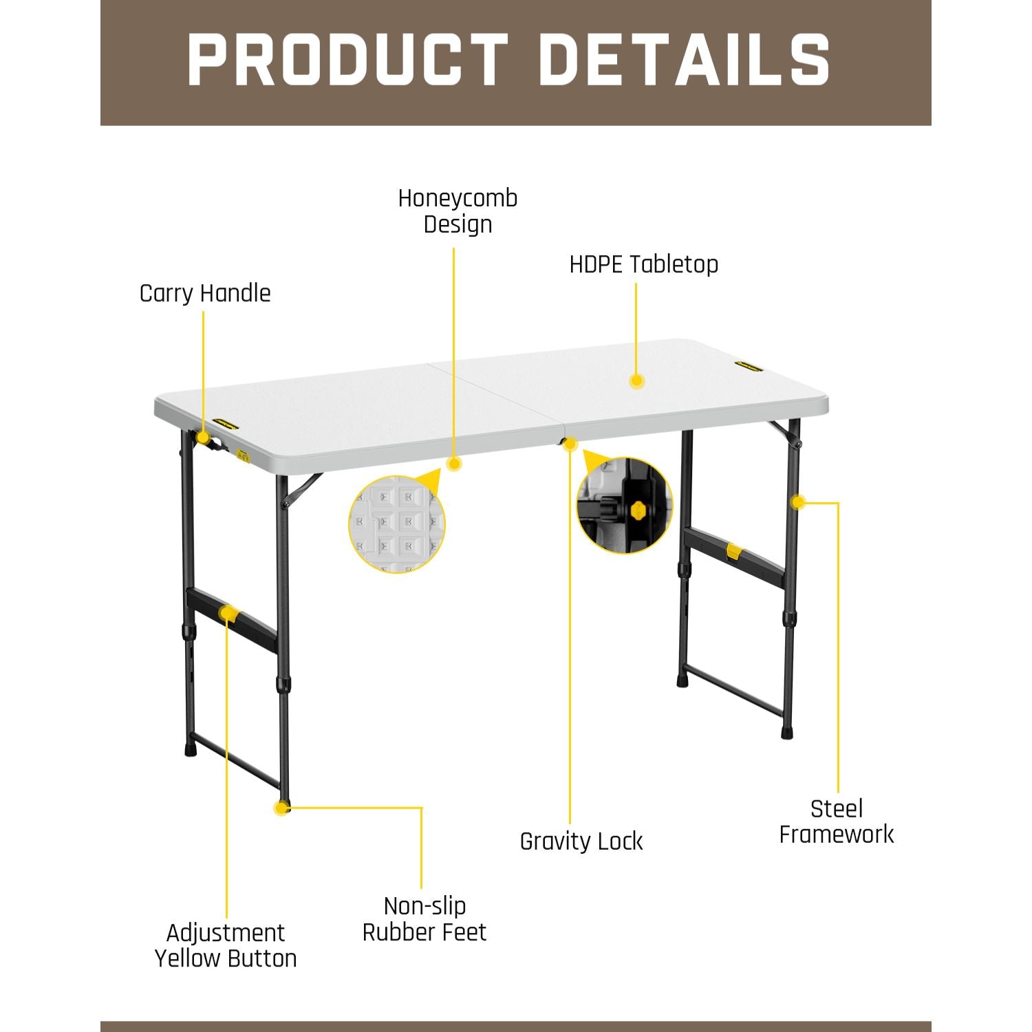 FanttikOutdoor 6ft Portable Folding Table, 3 Heights, One-Handed Height Adjustment, Gravity Lock, Carry Handle, Indoor Outdoor Heavy Duty Fold-in-Half Utility Table, Party, Granite White Zeta X6 Pro