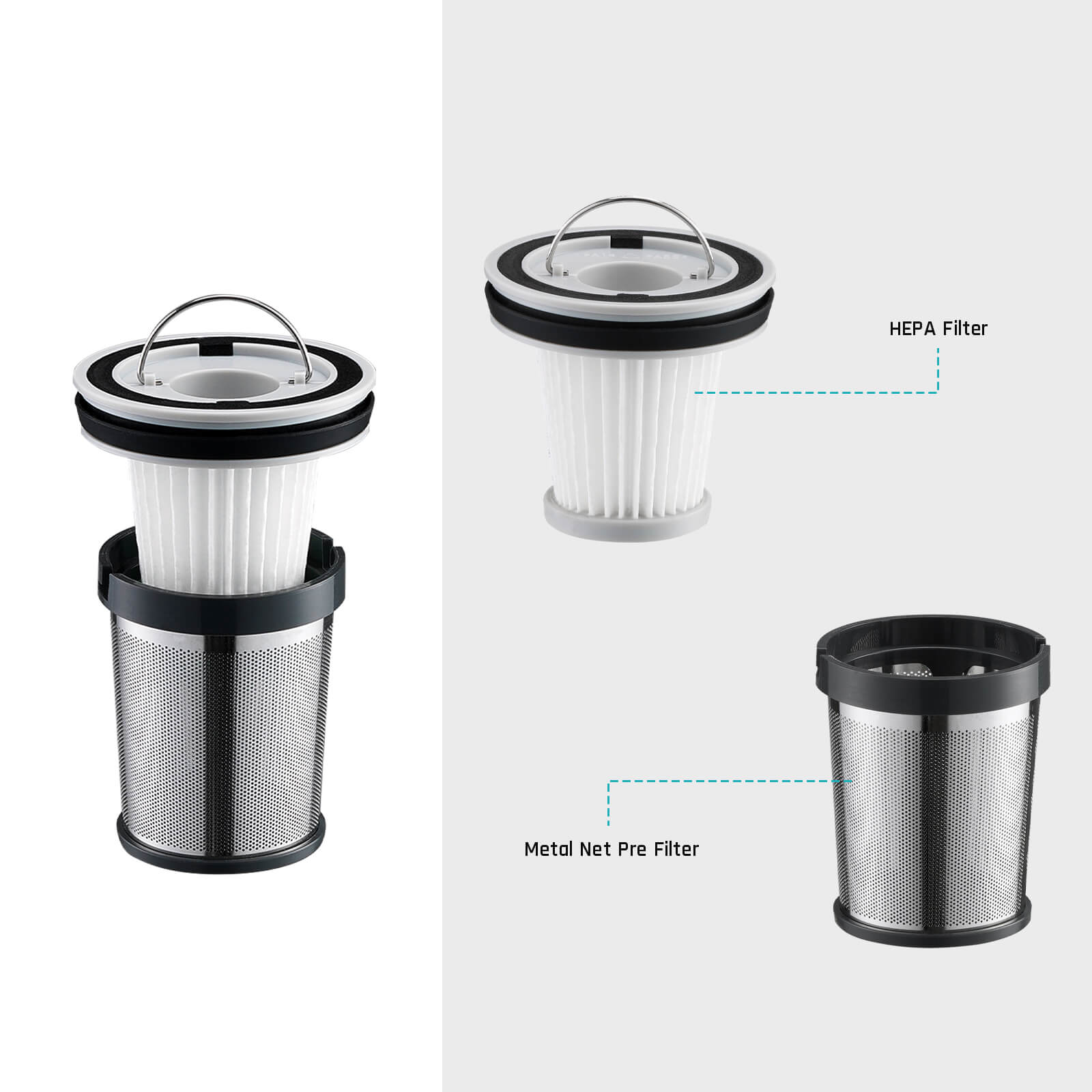 Fanttik V8 Mate Car Vacuum replacement HEPA filter and metal net pre filter, components shown separately and assembled