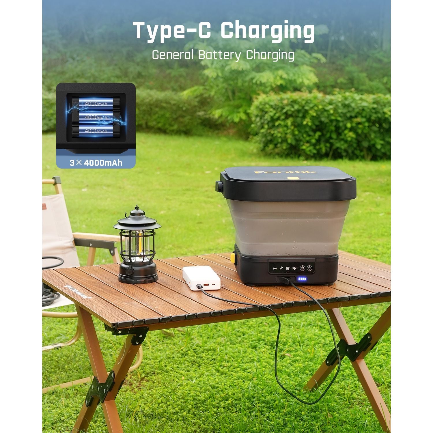 Fanttik NB8 Fold Cordless Pressure Washer on a wooden table in a garden, connected to a Type-C charger. Text reads 'Type-C Charging' and 'General Battery Charging' with an icon showing '3x 4000mAh.'