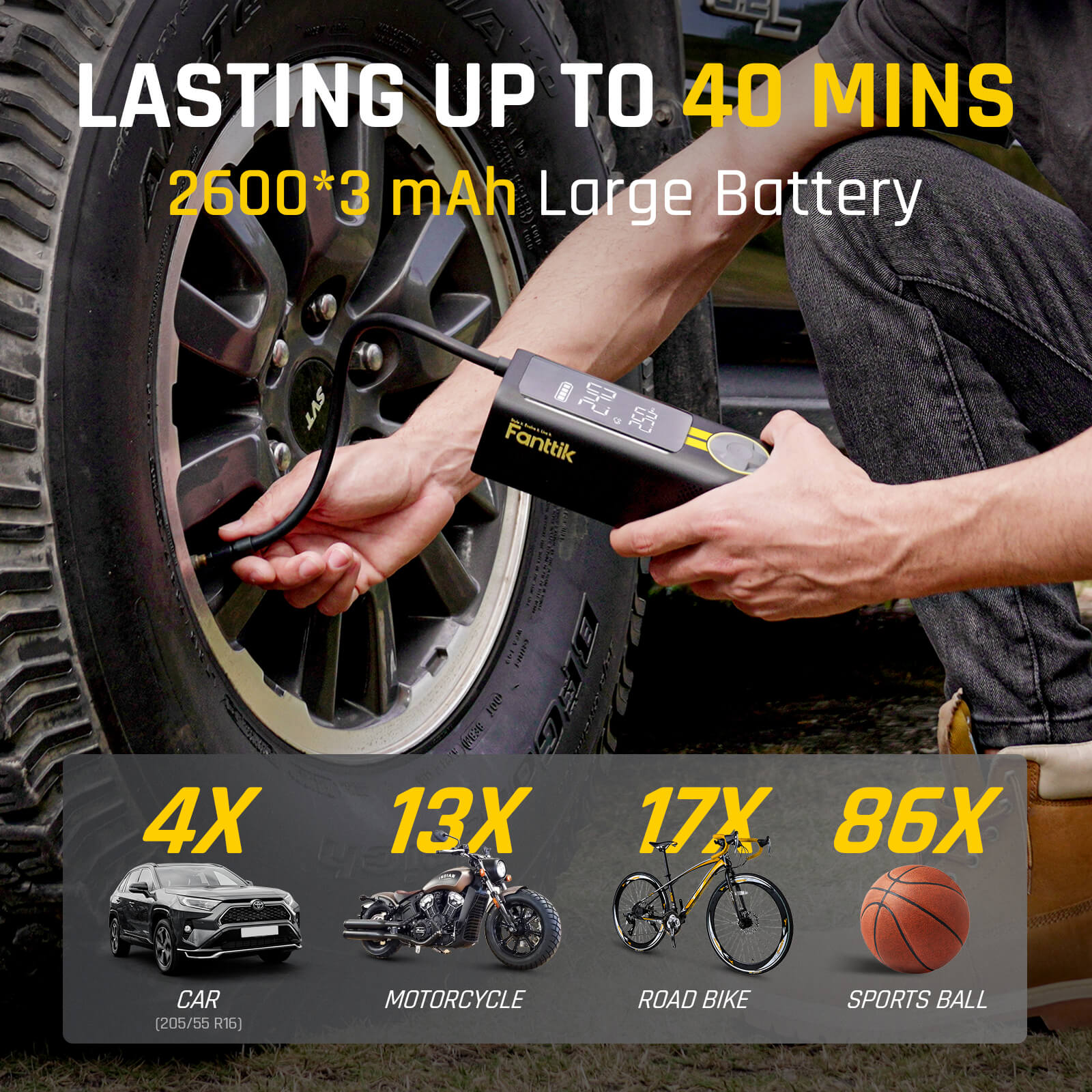 7800mAh battery, X8 APEX is perfect for inflating cars, motorcycles, bikes, balls, and other inflatables, including new-energy vehicles like Tesla
