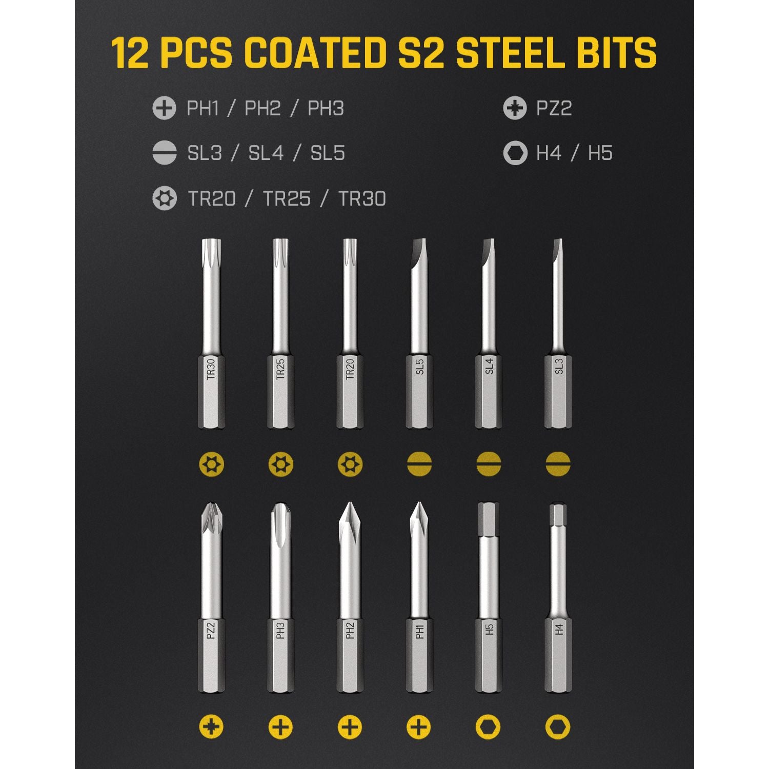Fanttik X1 Mag Screwdriver Bits, 12-in-1 Screwdriver Bit Set, S2 Steel, 1/4" Hex, 2 inches Screwdriver Bits, Magnetic Aluminum Case Storage