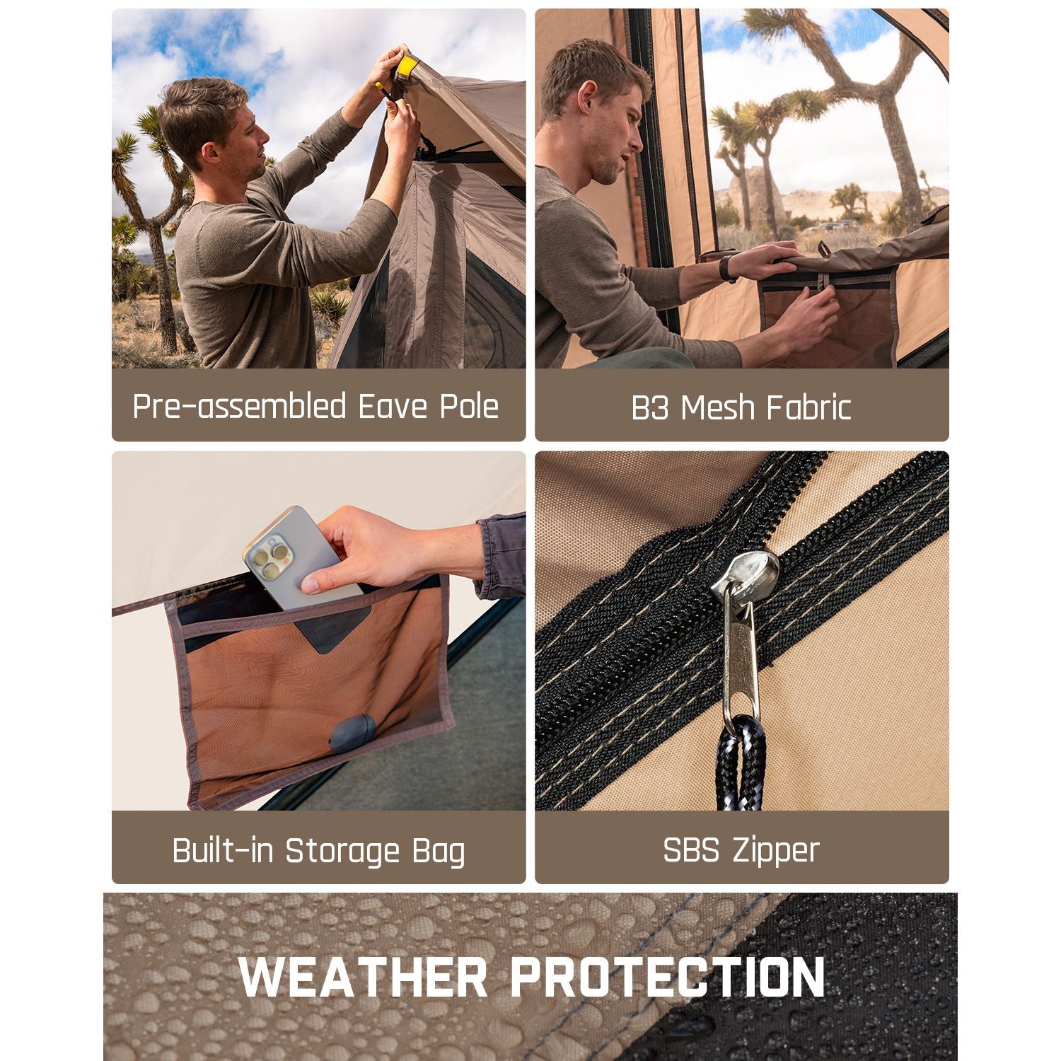 FanttikOutdoor Alpha C4 Ultra Instant Cabin Tent features including pre-assembled eave pole, B3 mesh fabric, built-in storage bag, and SBS zipper, with 'Weather Protection' highlighted.