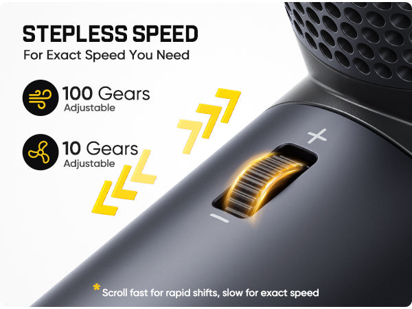 B11 Mix Pro 2-in-1 Electric Air Duster with adjustable scroll wheel and text highlighting stepless speed and gear adjustments.
