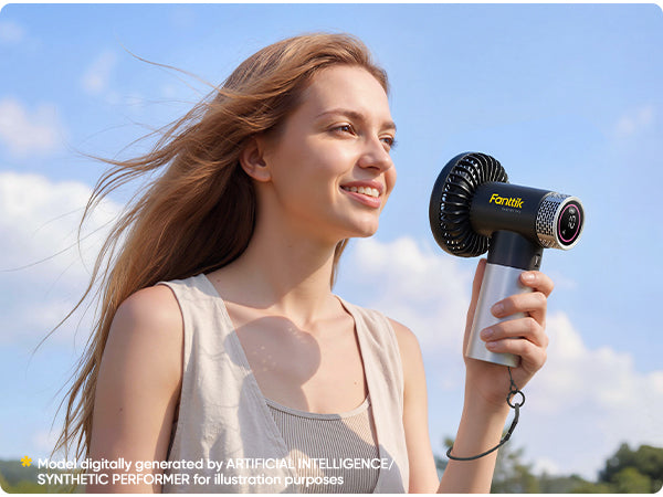 Woman holding a black and silver air duster against a blue sky background