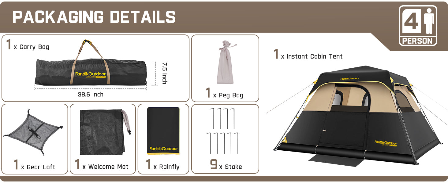 FanttikOutdoor Zeta C4 Pro Instant Cabin Tent 4 Person Camping Tent Setup in 60 Seconds with Rainfly & Windproof Tent with Carry Bag for Family Camping & Hiking, Upgraded Ventilation