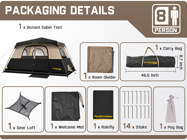 FanttikOutdoor Zeta C8 Pro Instant Cabin Tent 8 Person Camping Tent Setup in 60 Seconds with Rainfly & Windproof Tent with Carry Bag for Family Camping & Hiking, Upgraded Ventilation