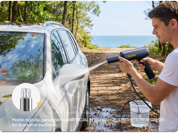 Man using a handheld car wash device to clean a car by the sea.