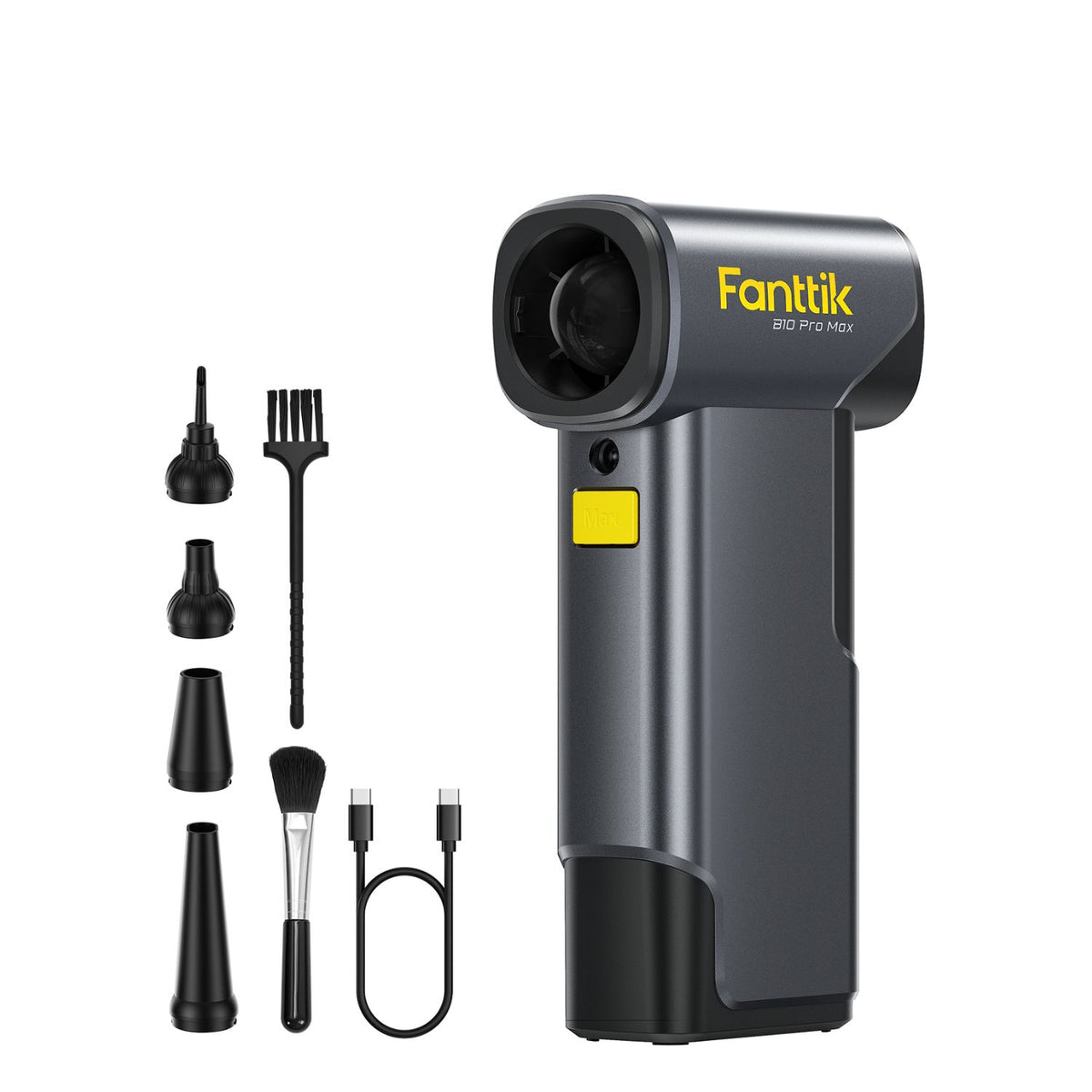 A handheld Electric Air Duster in dark gray with a yellow button and 'Fanttik' branding, shown alongside multiple black attachment nozzles, a brush, a cleaning brush, and a USB charging cable on a white background.