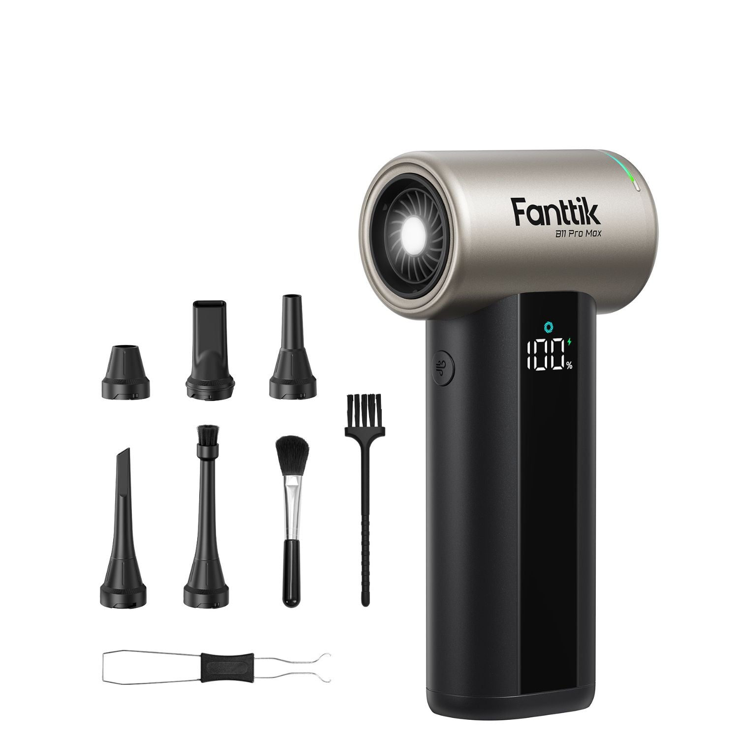 A handheld Electric Air Duster with a digital display screen and yellow 'Fanttik by Fanttik' branding, shown alongside eight black attachment nozzles, a brush, and a small tool on a plain white background.