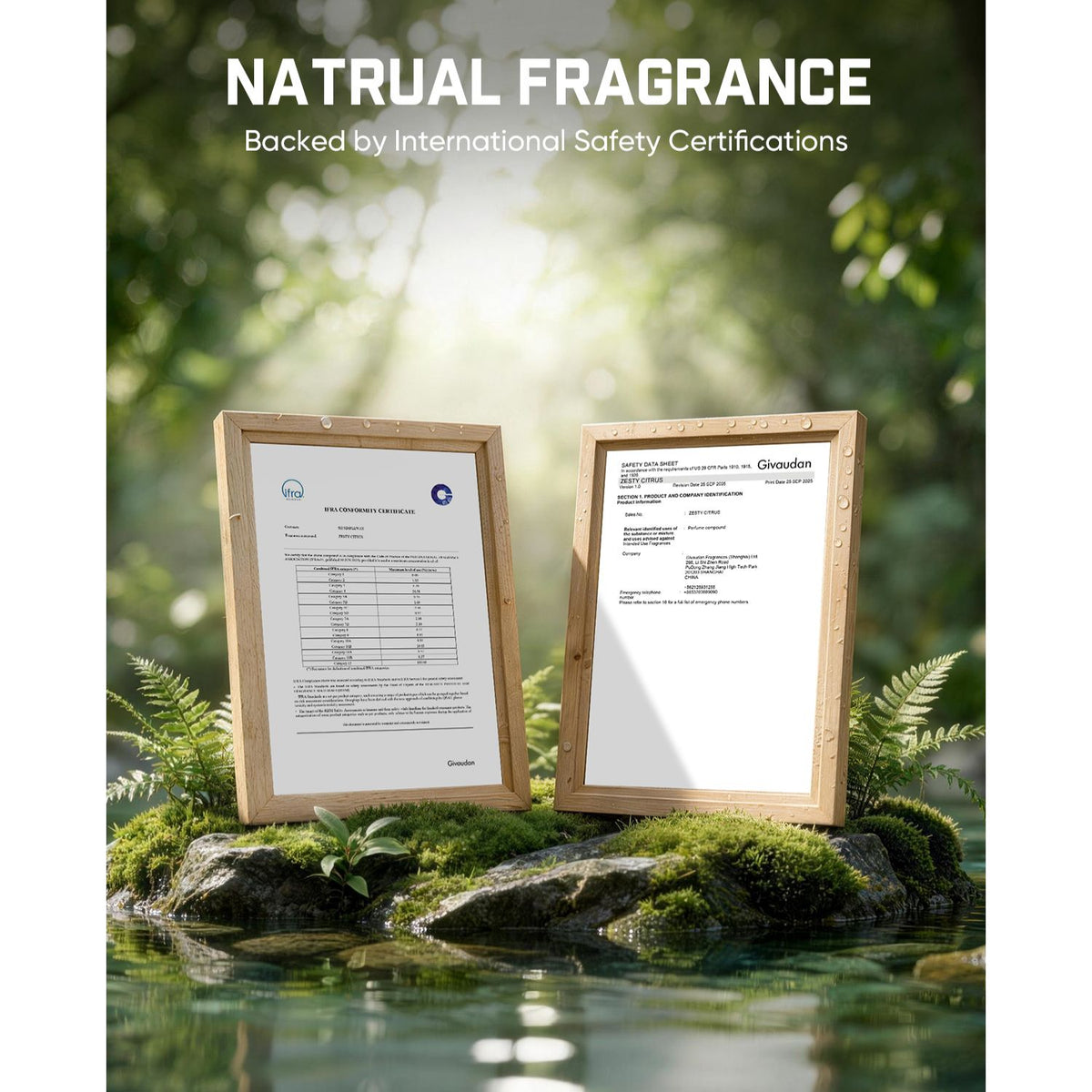 Two framed certification documents displayed on mossy rocks in a pond, with large text at the top reading 'NATURAL FRAGRANCE' and smaller text 'Backed by International Safety Certifications.'.