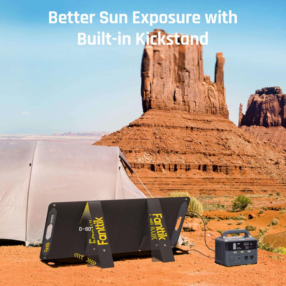 Fanttik Solar Panel has 23% High Solar Conversion Efficiency for EVO 300 Power Station, Foldable Solar Panel Kit with Adjustable Kickstand, Splash-Proof IP65 for Outdoor Camping RV