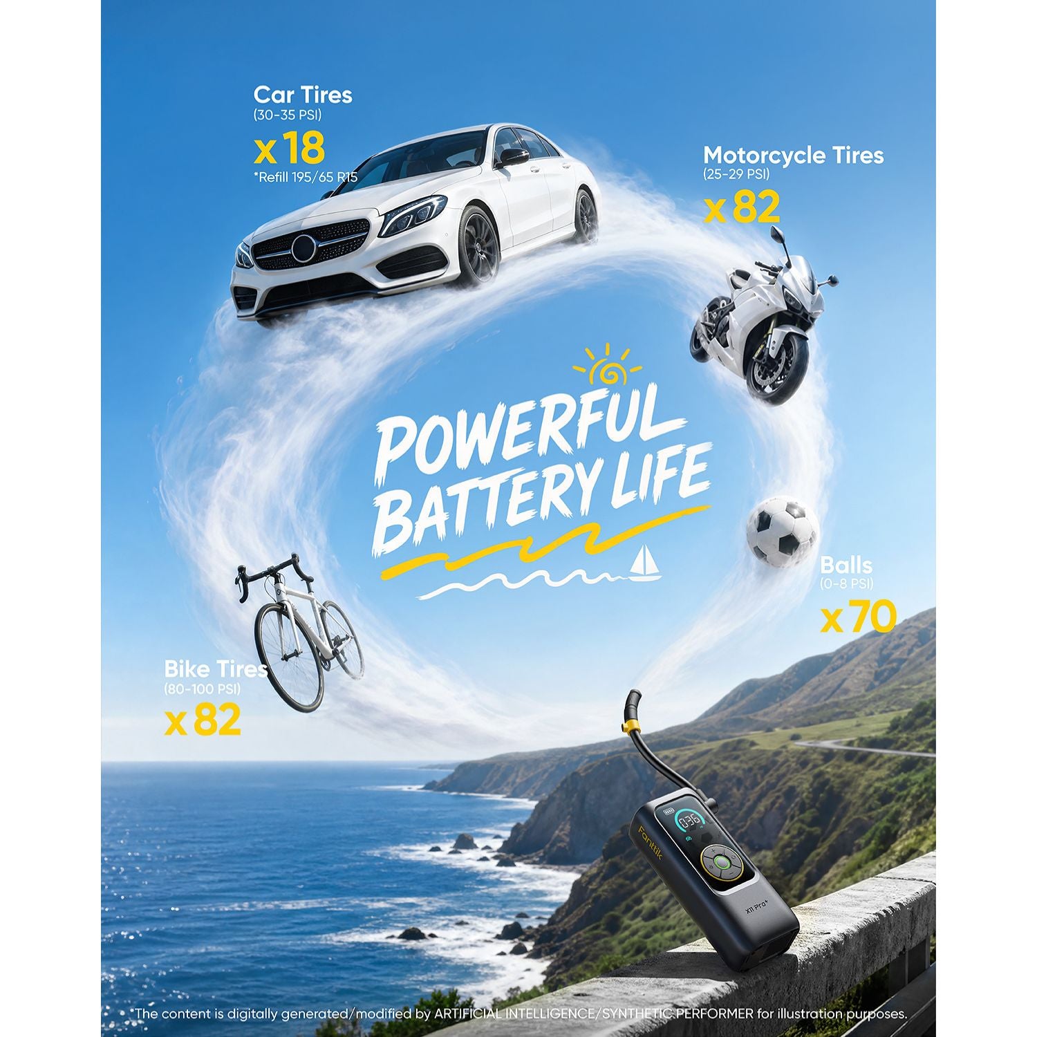 Promotional graphic for a battery product with the text 'POWERFUL BATTERY LIFE' over a coastal scene. A black battery tire inflator is shown in the lower right, while a white Mercedes-Benz car, motorcycle, bicycle, and soccer ball are illustrated floating in a circular graphic with tire usage counts labeled in yellow.
