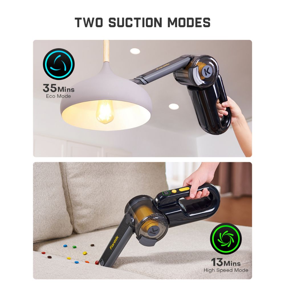 Fanttik V10 Apex Foldable Car Vacuum demonstrating Two Suction Modes: 35 minutes Eco Mode for light cleaning and 13 minutes High Speed Mode for intense cleaning
