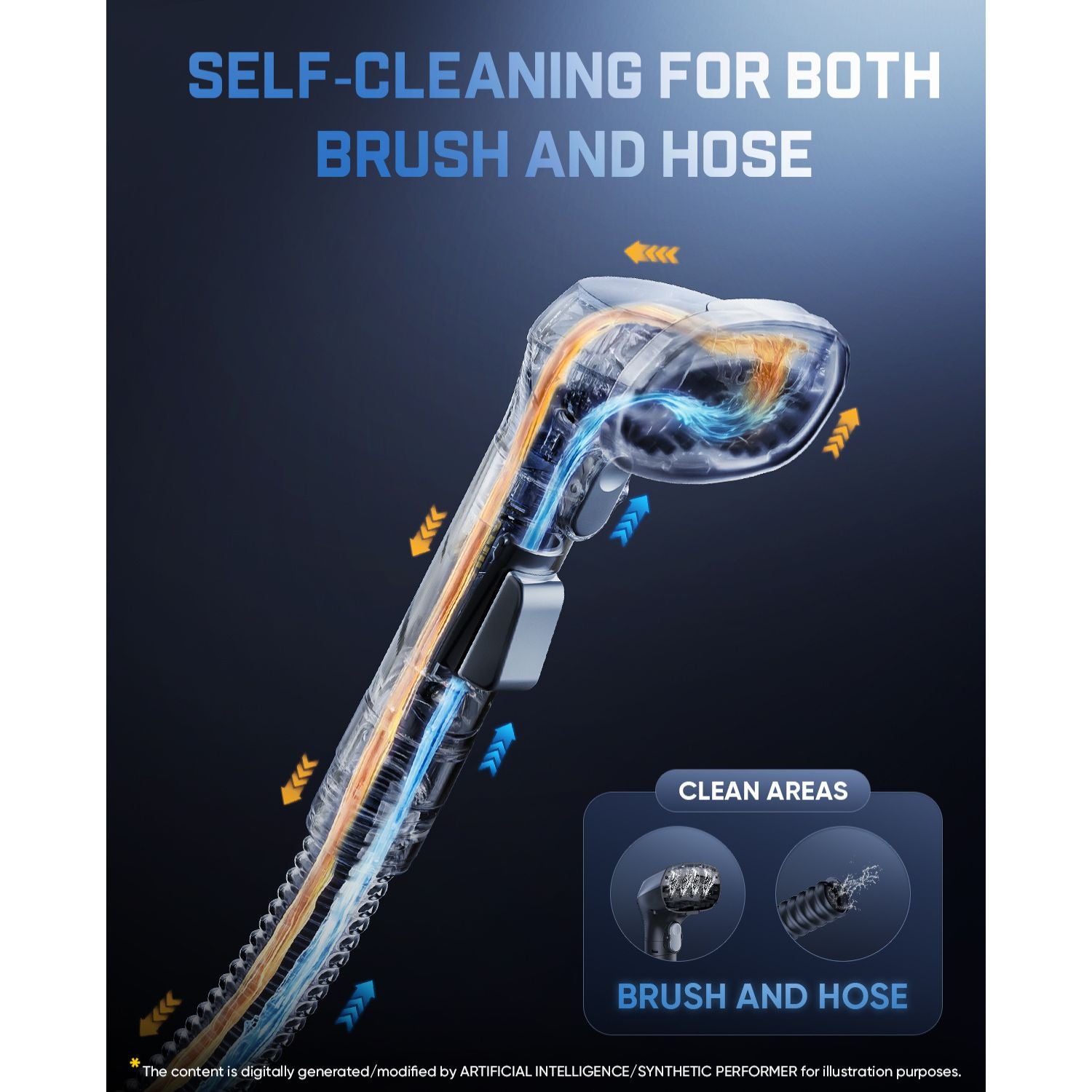 Promotional graphic for a self-cleaning shower head and hose set, showing a transparent shower head with blue and orange airflow graphics, the text 'SELF-CLEANING FOR BOTH BRUSH AND HOSE,' and a 'CLEAN AREAS BRUSH AND HOSE' callout.