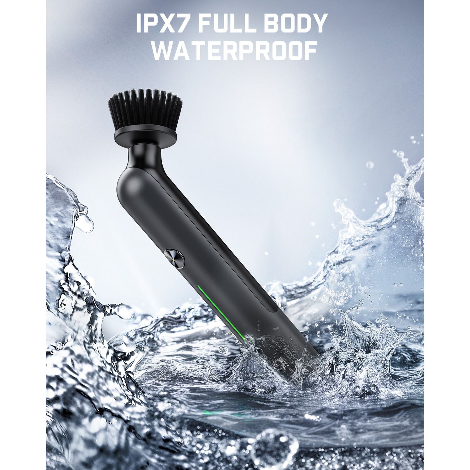 Fanttik G9 Nano Electric Spin Scrubber with IPX7 full body waterproof rating, shown splashing in water.