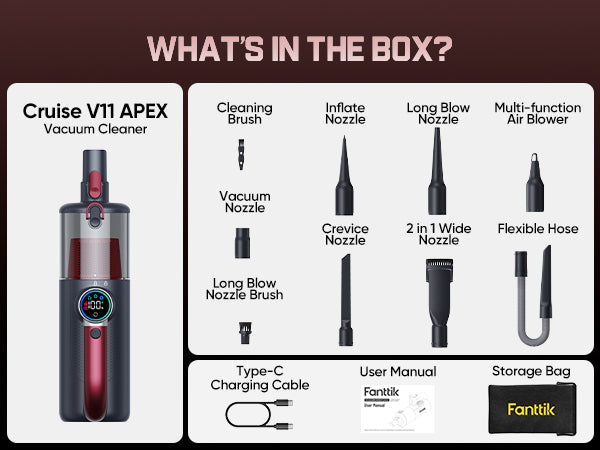 Product packaging with Cruise V11 Apex vacuum cleaner and accessories on a white background.