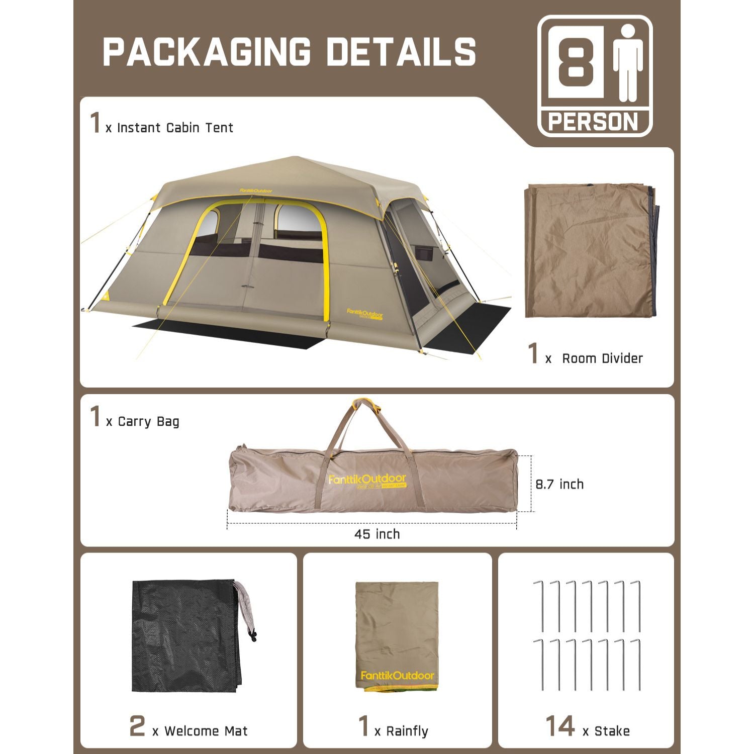 FanttikOutdoor Camping Tent, Lightweight 8 Person Instant Cabin Tent Setup in 60 Seconds with Rainfly & Windproof, Portable with Carry Bag for Family Camping & Hiking, Upgraded Ventilation