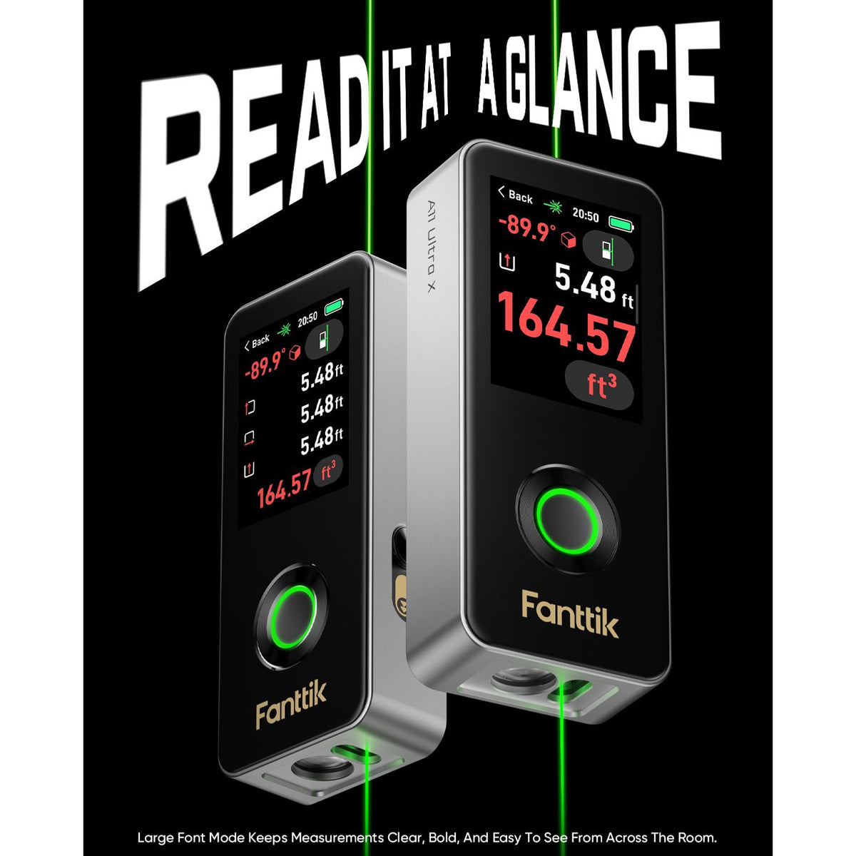 Fanttik A11 Ultra X laser measuring tool large font IPS touchscreen display, easy read green laser distance meter for home remodeling
